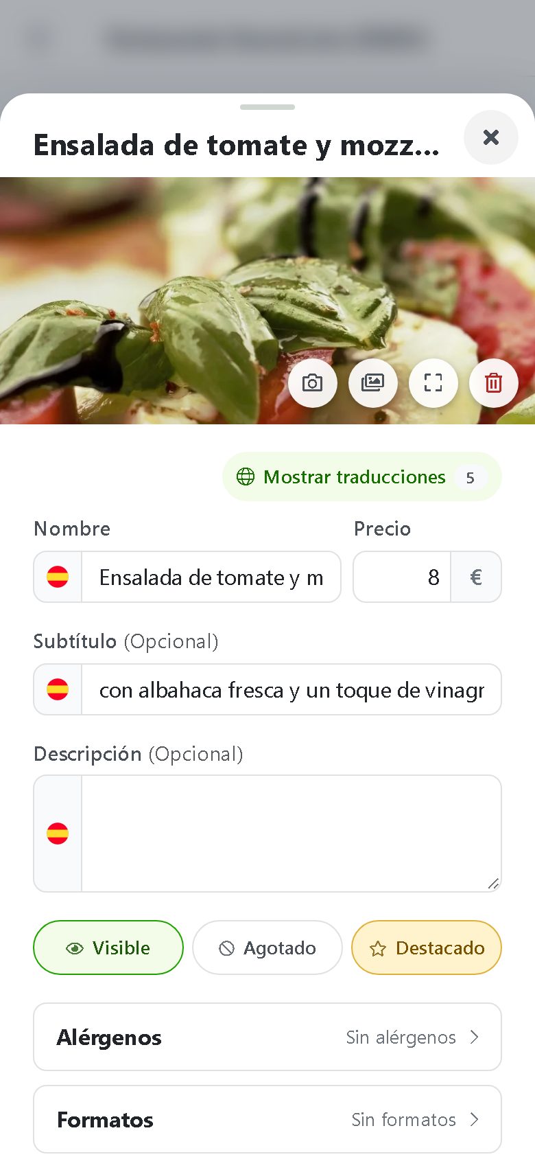 Panel de BuenaCarta: ficha de un plato con foto, nombre, precio, descripción, alérgenos y formatos