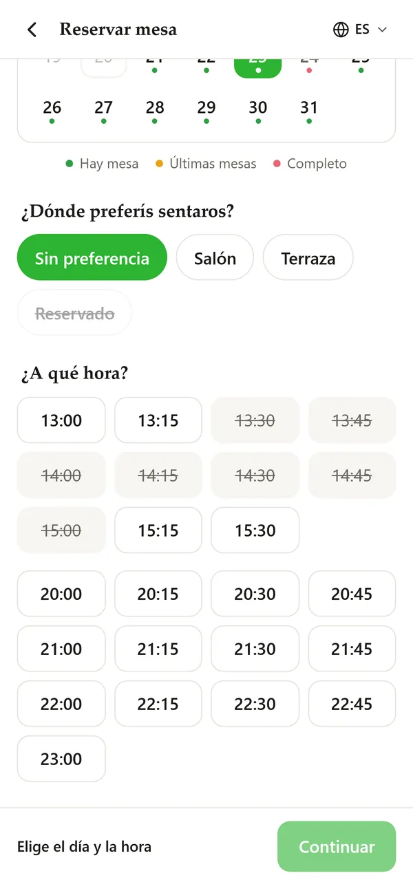Horas libres para reservar en los turnos de comidas y cenas del restaurante